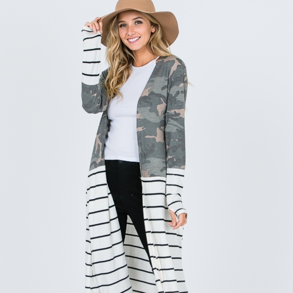 Lightweight Camo Color Block Striped Cardigan